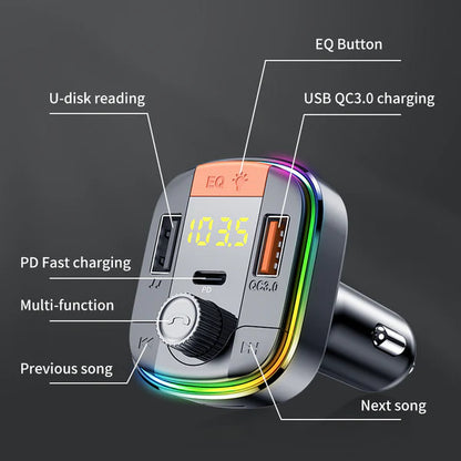 832 Car Mp3 Player Colorful Atmosphere Breathing Light Hands-Free Car Bluetooth Qc3.0 Car Charger